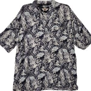 VTG HARLEY DAVIDSON MEN HAWAIIAN BUTTON UP SHIRT EAGLE LOGO PRINT RAYON SZ XL